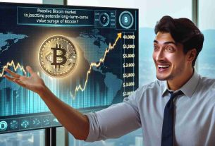 A high definition, realistic image of an enthusiastic financial expert discussing the potential long-term value surge of Bitcoin. There's an optimistic expression on the expert's face and they are gesturing towards a digital screen showing positive Bitcoin market projections. The expert is of South Asian descent and of any gender. The environment is a modern office setting with a backdrop of cityscapes.