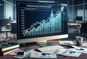 A realistic, high definition image presenting the concept of institutional interest peaks aligning with the upcoming Ethereum exchange-traded funds (ETFs). The scene should ideally manifest an upward trending line graph on a digital screen, with the corresponding parts marked for Ethereum ETFs. Ensure a professional environment surrounding the screen, with elements like a business desk with a computer, scattered financial papers, and a coffee mug, to imply the serious nature of the institutional interest.