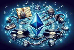 Create a detailed and realistic high-definition image representing the relationship between Ethereum, a type of cryptocurrency symbolized by a diamond-shaped logo, and music technology. This could include elements like musical notes, records, headphones, or sound waves juxtaposed with the symbol of Ethereum. Also include symbols to represent blockchain technology, like interconnected blocks or chains.