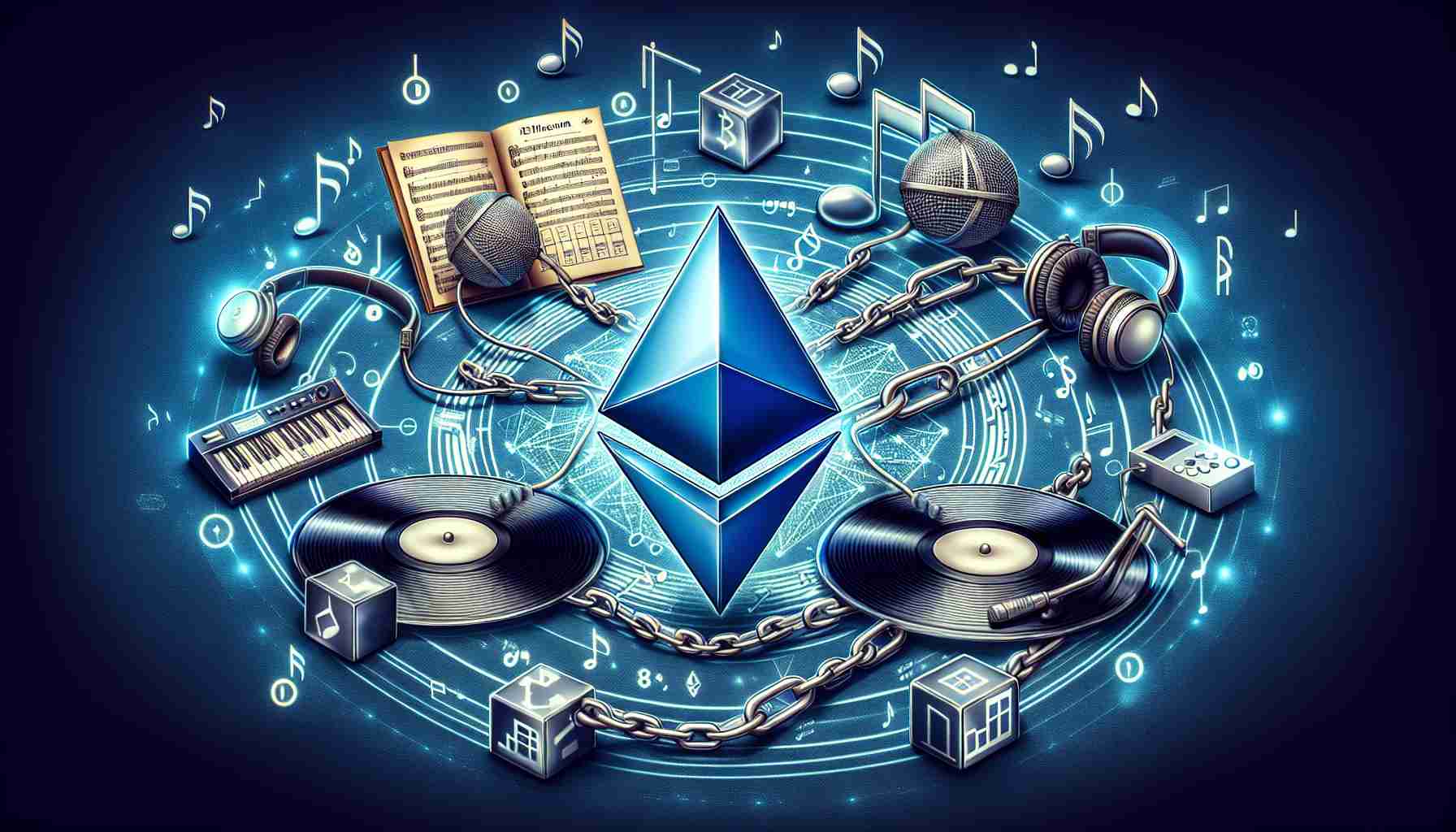 Create a detailed and realistic high-definition image representing the relationship between Ethereum, a type of cryptocurrency symbolized by a diamond-shaped logo, and music technology. This could include elements like musical notes, records, headphones, or sound waves juxtaposed with the symbol of Ethereum. Also include symbols to represent blockchain technology, like interconnected blocks or chains.