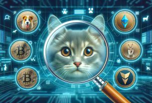 Create a realistic HD image of a fantasy scenario where a new feline contender in the cryptocurrency world named 'MEW' is showcased. The concept should be digitally expressed with modern technological symbols and cat imagery, showing MEW aiming to rival dog-based tokens. Please do not include any real currencies or symbols in the image.