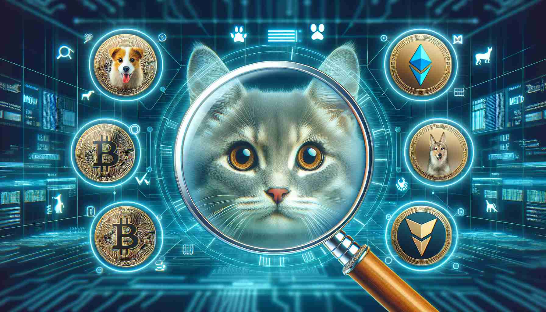 Create a realistic HD image of a fantasy scenario where a new feline contender in the cryptocurrency world named 'MEW' is showcased. The concept should be digitally expressed with modern technological symbols and cat imagery, showing MEW aiming to rival dog-based tokens. Please do not include any real currencies or symbols in the image.