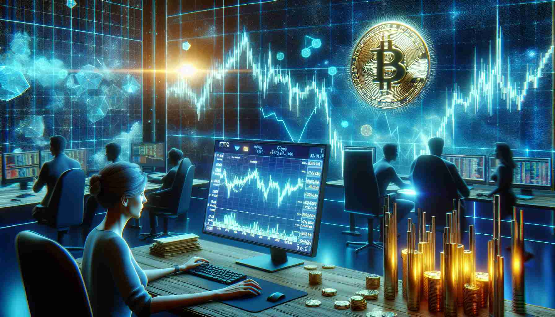 An ultra-high-definition photo illustrating the concept of weekend bitcoin trading. The scene displays a tranquil environment with low activity, symbolizing the record low trading volume. On one side, a female Caucasian stock trader is looking at a computer screen displaying bitcoin charts, with decreased activity represented by shrinking bars. On the other side enact a game-changing situation showing ETFs (Exchange-Traded Funds), symbolized by a stack of digital tokens changing colors from Bitcoin's gold to ETF's green, suggesting a shift in the market. No specific person or entity is represented. The overall tone is futuristic and digital.