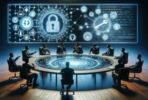 A high-definition realistic visualization that represents the discussion on Blockchain security methods by experts and the crucial nature of self-managed keys. The scene may include a round table with various professional figures around it such as a cybersecurity expert, a blockchain specialist, and a cryptography guru. These figures may be engaged in deep conversation. Some cryptographic symbols or blockchains can be seen on the table or projected onto a screen in the background, possibly a projection of binary codes, digital keys, and lock symbols highlighting the theme of self-managed keys.