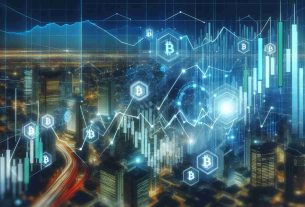 Generate a realistic HD image of a stock market graph showing a dramatic increase in share value, referring to a hypothetical blockchain solutions company