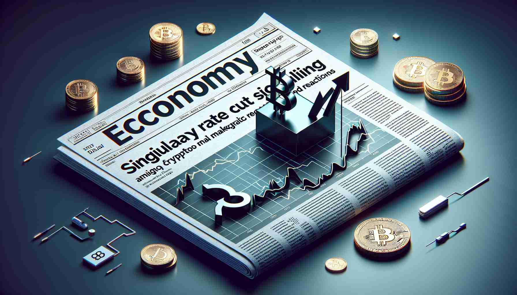 Visual representation of the concept 'singular rate cut signaling by Federal Reserve amid Crypto Market reactions'. Picture shows a symbolic piece like economy newspaper headline, with dominant textual elements detailing the event. Nearby, there's a line graph with fluctuating curves indicating the ups and downs of the crypto market. The imagery should contrast financial and crypto icons to depict the tension and reactions in the market. All in a realistic, high-definition style.