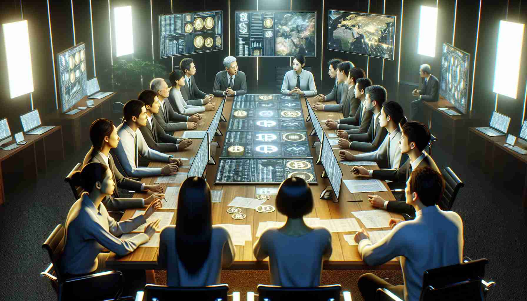 A high definition, realistic image of a group of individuals from various descents such as South Asian, Caucasian, and Middle Eastern involved in an intense discussion around a large table filled with documents and computer screens showing various cryptocurrencies. Their expressions suggest cautious optimism as they analyze the potential for expansion into the digital currencies market. The room exudes an air of seriousness and professionalism, illuminated by the soft glow of electronic screens and overhead lights. Japanese landscape is subtly visible in the background, hinting at their location without overpowering the main scene.