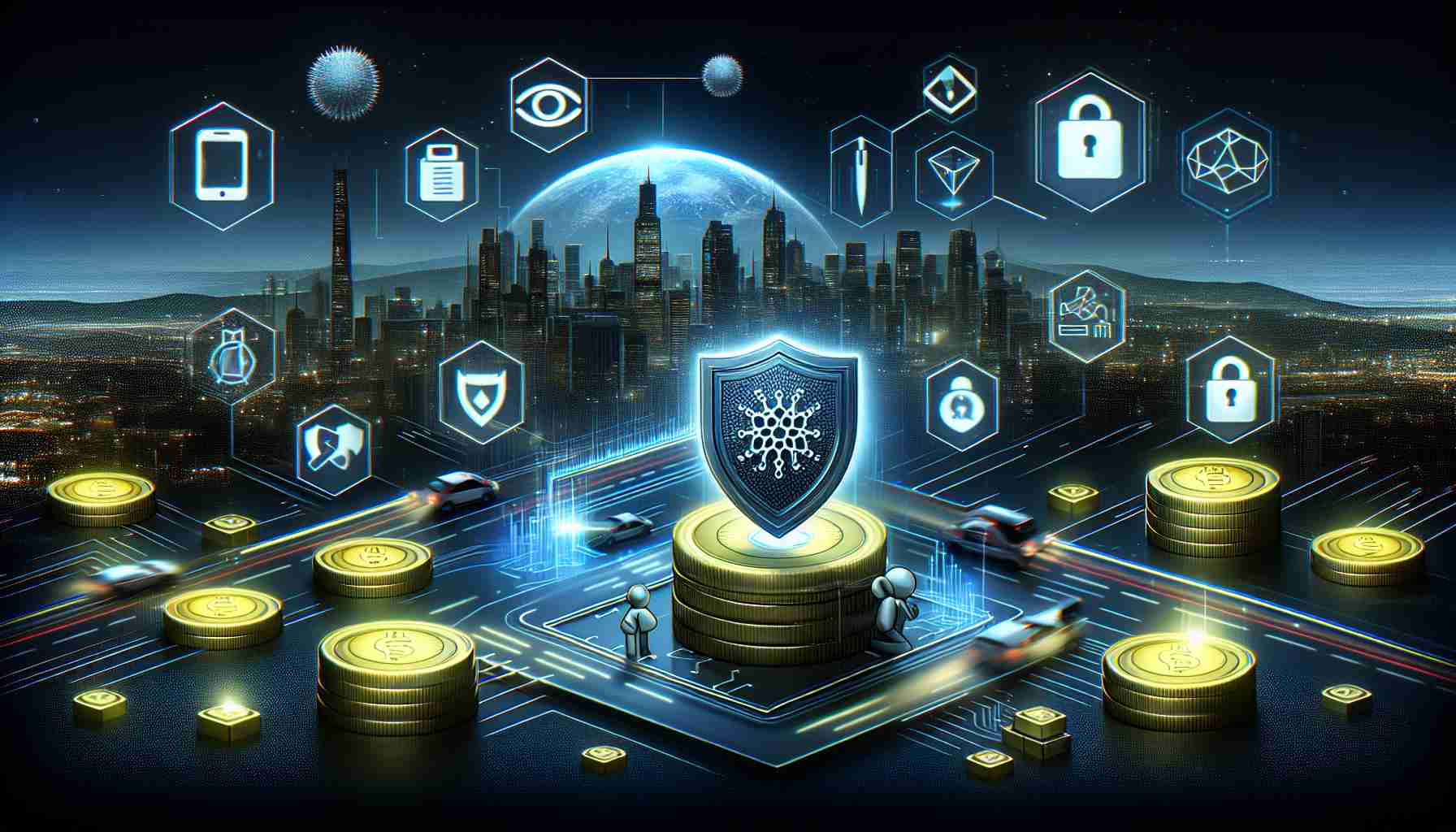 Realistic HD illustration of the effective method used by Cardano to combat token theft attacks. Include visual representations of anti-theft technologies, safety measures, and a digital landscape implying a token ecosystem