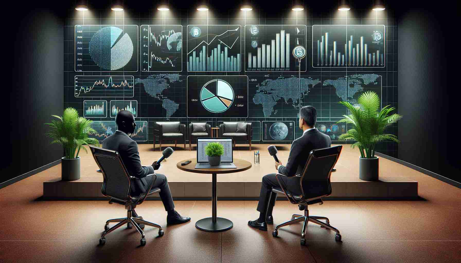 Generate an image of a high-definition, realistic depiction of digital currency markets. The scene needs to show various screens displaying bar graphs, pie charts, and line graphs symbolizing the ebb and flow of cryptocurrencies. Nearby, there is a professional interview setup including a table with a green plant, a laptop with an open mail client on it, microphones, and two chairs - both occupied by equally professional individuals. One is a Black male in a charcoal grey suit and the other is a South Asian female in a sophisticated business attire ready for an expert discussion on market insights.