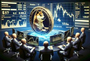 High-definition, realistic image depicting a Dogecoin as a physical coin. The coin appears to be falling or sinking to signify bearish trends in the market. Traders, depicted as faceless, ethnically diverse individuals interacting with computers or charts, show expressions of concern and lack of confidence.