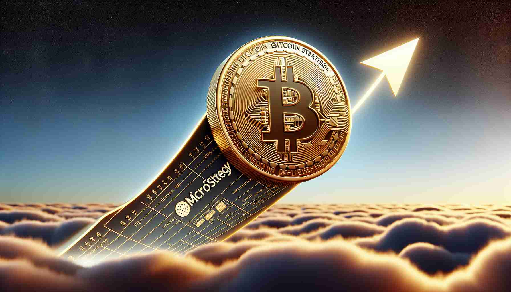 A realistic high definition (HD) illustration showing the concept of MicroStrategy's Bitcoin Strategy propelling its value to new heights. This can be represented by a gold bitcoin soaring upwards against a backdrop of a sky filled with clouds to indicate 'new heights'. The logo of 'MicroStrategy' can be subtly integrated in the corner of the design to reference the company behind the strategy. Please note this representation is metaphorical and should not be taken to directly represent actual financial data or predictions.