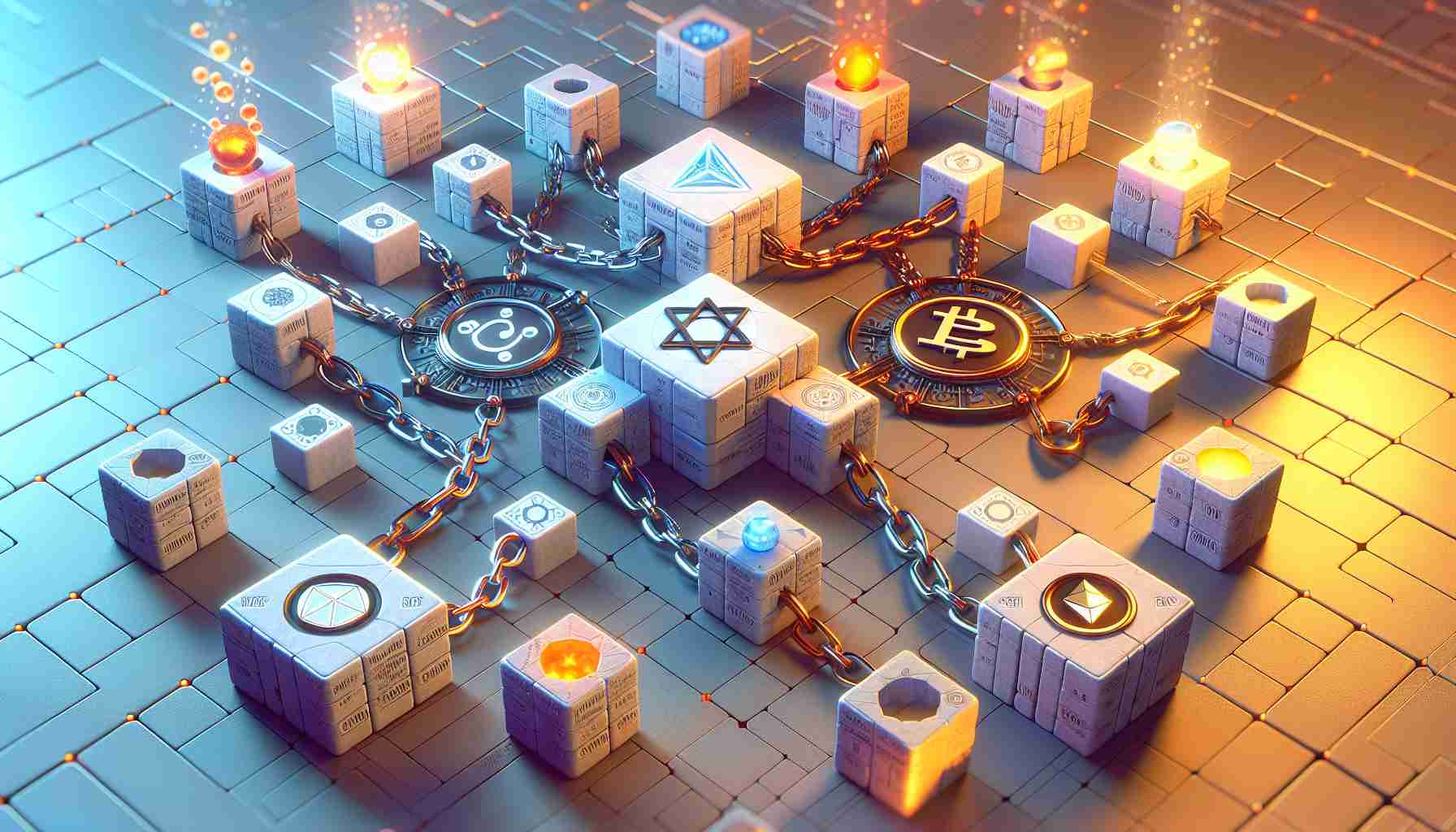 Render a photorealistic image in high definition of a conceptual scene involving alchemical symbols to represent 'Alchemy Enhances'. A series of interconnected blocks should be shown to symbolize 'Blockchain Innovation'. There should be representations for two distinctly different, collaborative entities, symbolized by separate chains labeled 'ZetaChain' and 'Worldcoin'. Each chain should showcase its unique features, symbolizing their uniqueness and collaboration. Everything should be portrayed in a nuanced, visual illustration of tech innovations and forward-thinking collaborations.