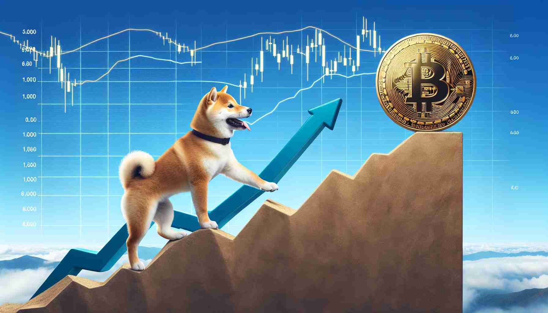 A high-definition realistic scene showcasing a diligent Shiba Inu dog climbing a steep hill symbolizing hard work and potential growth, side by side with a representation of a Bitcoin coin on a rally soars upward on a virtual graph against a sky-blue background.