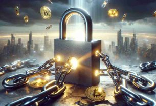 Generate a realistic HD photo that symbolically represents the concept of 'Unleashing Potential: The Catalyst for Blockchain Innovation'. The scene should present a large, metaphorical padlock that has chains wrapped around it. One end of the chain is frayed and ends in several shiny, golden blockchain links. The padlock is slightly ajar, light is streaming out from inside it, conveying the potential and possibilities that blockchain offers. Behind the padlock, our gaze falls onto a futuristic city skyline, representing the landscape of innovation that blockchain continues to impact extensively.