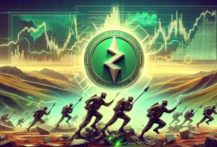 Generate a realistic, high-definition image that symbolically represents the concept of 'Solana leading the charge in the revival of cryptocurrency markets.' The composition should include metaphoric elements such as battlefields and charging soldiers, with the emblem of Solana representing the leading force. The other elements represent the broader cryptocurrency markets showing signs of revival, possibly through rising graphs and green color tones. Please avoid using any specific symbols or logos associated with real-world companies or cryptocurrencies other than Solana.