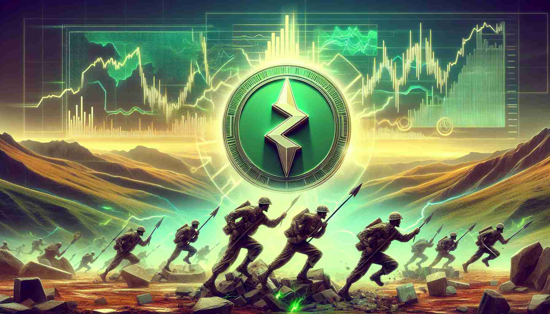 Generate a realistic, high-definition image that symbolically represents the concept of 'Solana leading the charge in the revival of cryptocurrency markets.' The composition should include metaphoric elements such as battlefields and charging soldiers, with the emblem of Solana representing the leading force. The other elements represent the broader cryptocurrency markets showing signs of revival, possibly through rising graphs and green color tones. Please avoid using any specific symbols or logos associated with real-world companies or cryptocurrencies other than Solana.