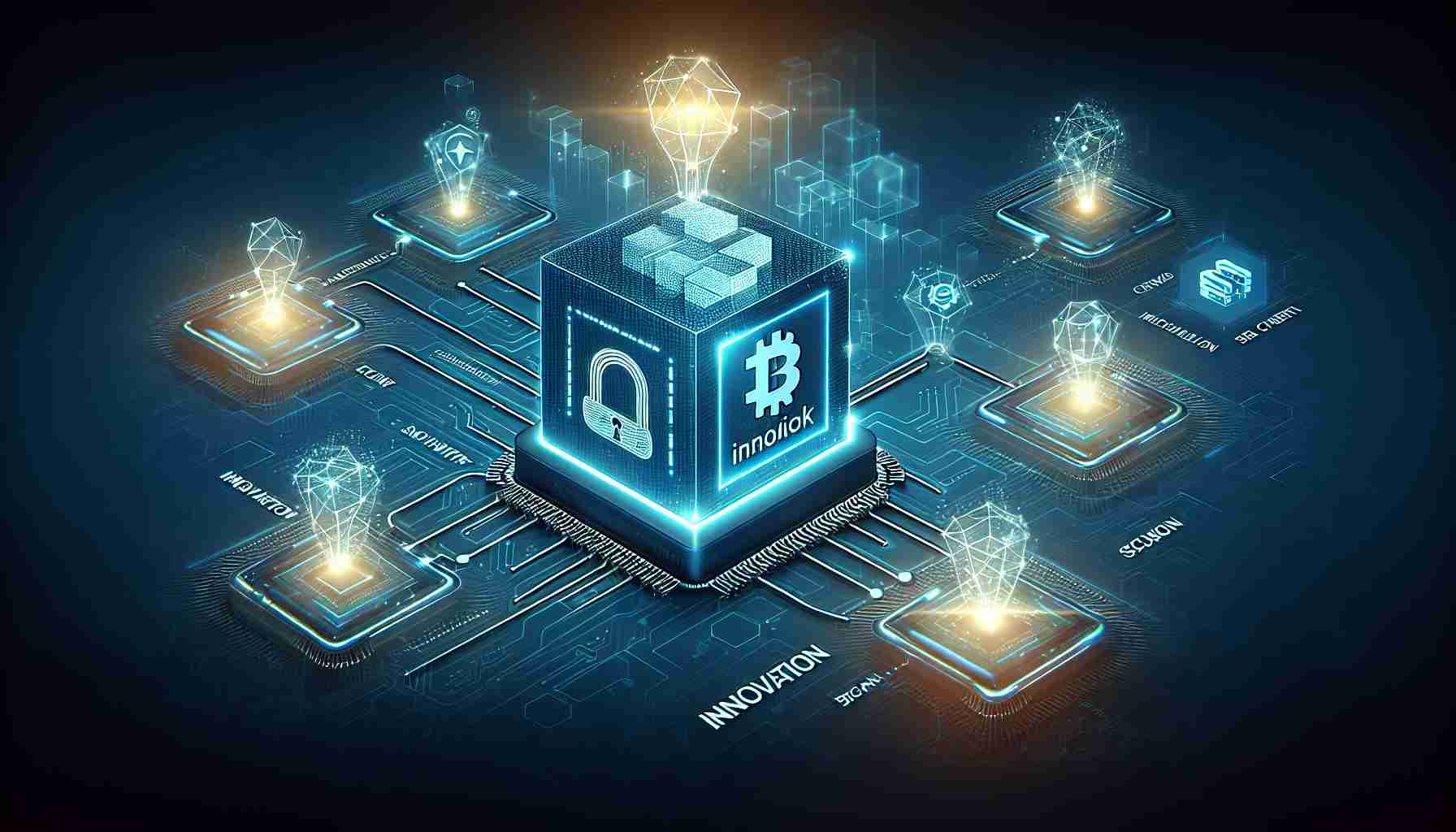 Create a realistic high-definition image illustrating the new era of blockchain interoperability and security. It should feature symbolic representations of innovation modes and a component symbolizing Chainlink. Include elements such as interconnected blocks, digital chains, advanced security systems and symbols of innovation. Remember, no specific logos or copyrighted symbols should be used.