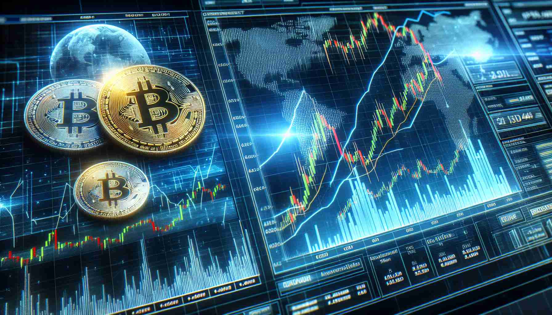 High definition photo of a graphical representation on a professional analyst's screen, forecasting surging values of various cryptocurrencies as it approaches a generic major political event season.