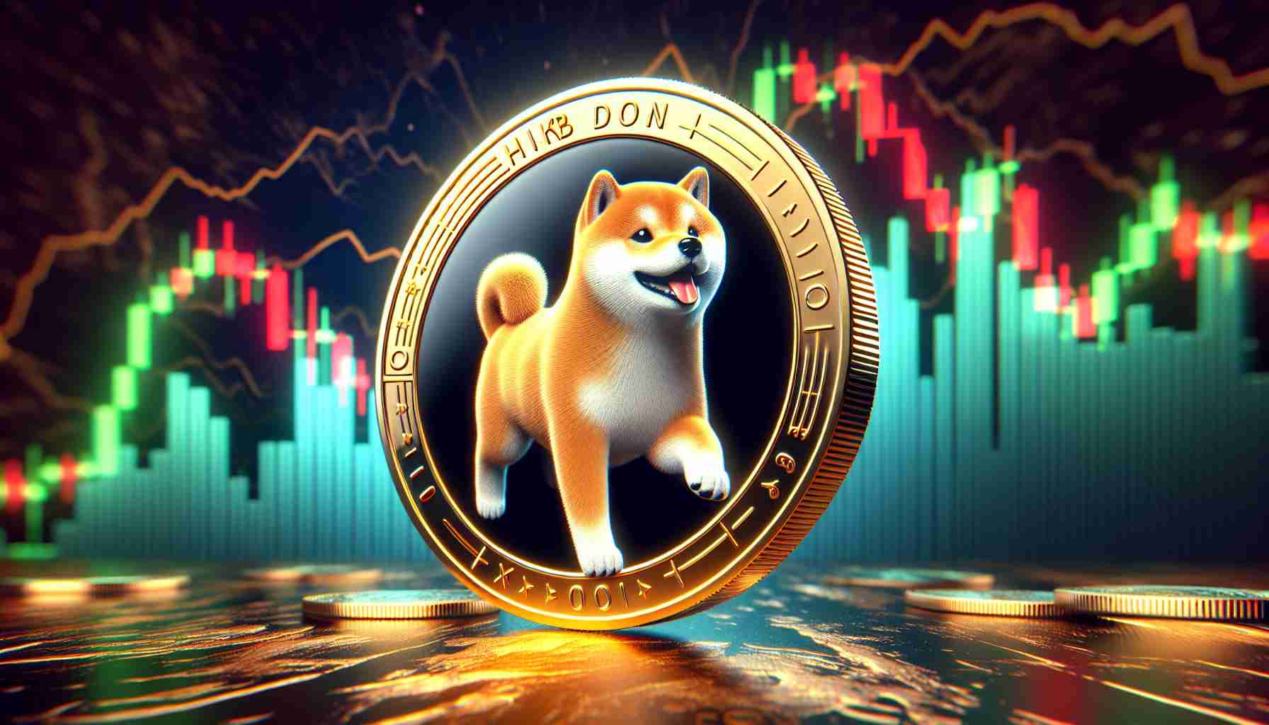 Depict an image in high-definition and realistic style, showcasing a physical representation of a Shiba Inu themed cryptocurrency coin exhibiting stability, seemingly unaffected by the turbulent, bearish surroundings, likely symbolising a downturn in the market.