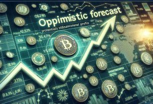 Detailed image of a positive financial forecast indicating potential substantial profits for a digital currency. The image includes a rising graph line, showing a consistent upward trend, where the line chart is in shades of green to represent growth. Numerous cryptocurrency symbols are scattered around, but one particular symbol for a Non-Specific Digital Currency (generic, not linked with any real-world or known cryptocurrency) is prominently highlighted. The word 'Optimistic Forecast' is boldly displayed at the top.