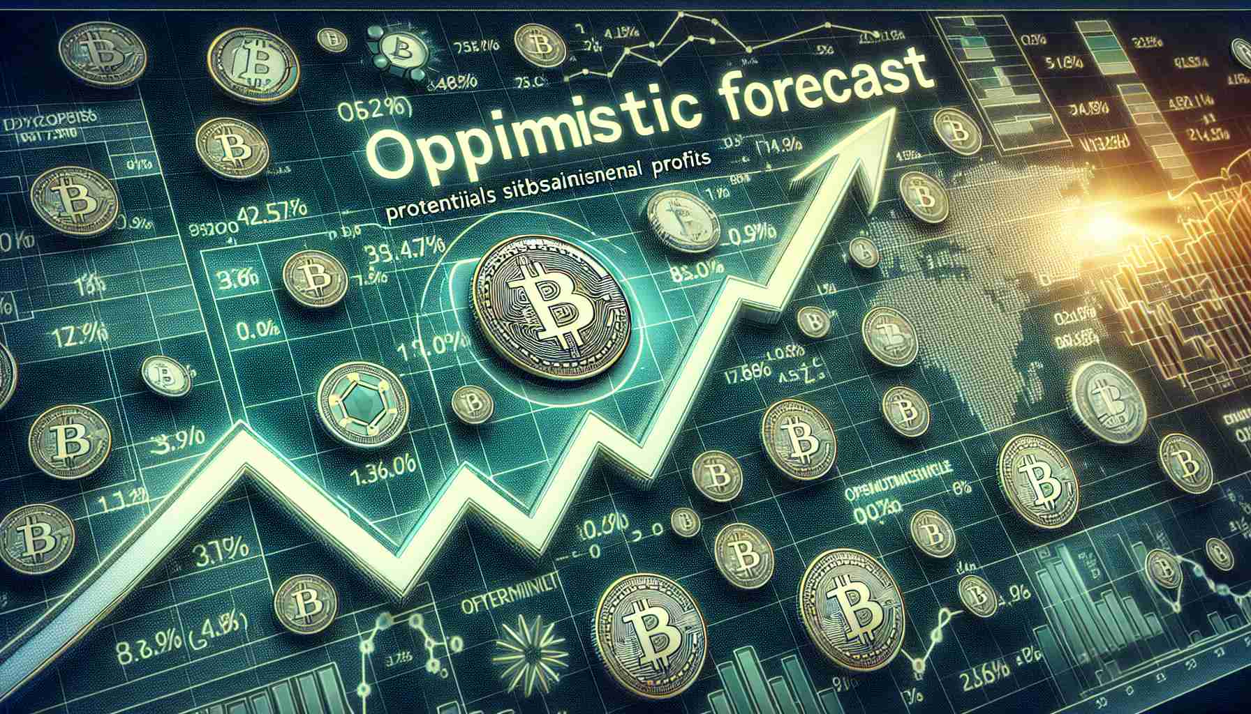 Detailed image of a positive financial forecast indicating potential substantial profits for a digital currency. The image includes a rising graph line, showing a consistent upward trend, where the line chart is in shades of green to represent growth. Numerous cryptocurrency symbols are scattered around, but one particular symbol for a Non-Specific Digital Currency (generic, not linked with any real-world or known cryptocurrency) is prominently highlighted. The word 'Optimistic Forecast' is boldly displayed at the top.