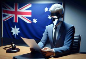 Image of a realistic, high-definition scenario displaying an anonymous white, silver-haired male figure, recognizable as a journalist, accepting a plea deal in a formal setting. In the background, an Australian flag subtly hints at his imminent return to this specific country.