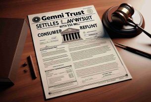 Generate an image of a court document with a headline that reads 'Gemini Trust Settles Lawsuit With $50 Million Consumer Refund'. The document should be realistic and in high-definition, placed on a mahogany desk. Include a gavel on the side to signify a court case settlement. Please ensure that the image has a professional and solemn atmosphere.