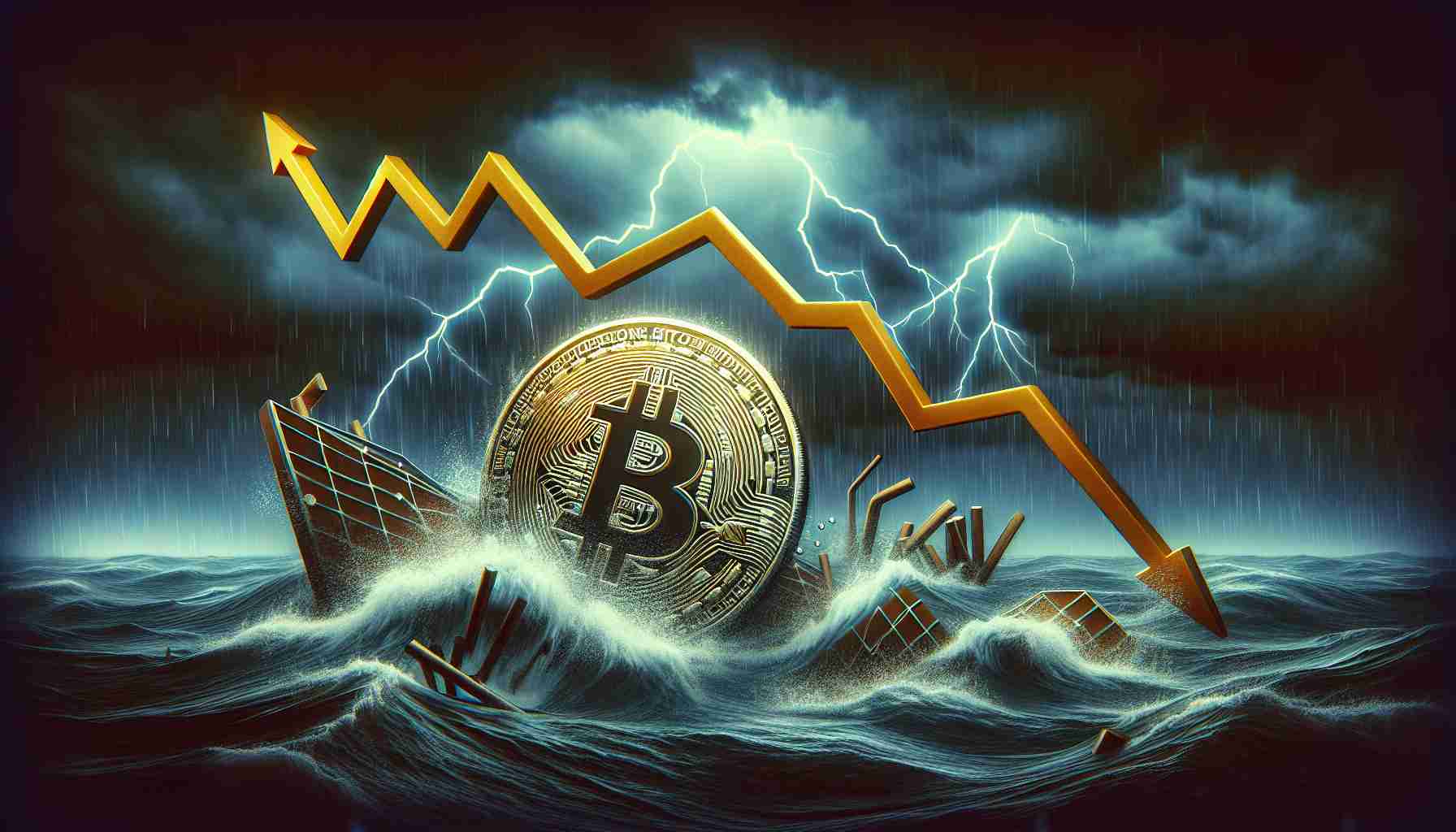 An image that encapsulates the concept of Bitcoin experiencing challenges. The picture should be designed in a realistic, high-definition style. It might include symbols typically associated with economic hardship, such as downward graphs or stormy seas. Furthermore, represent the turmoil within the cryptocurrency industry, perhaps with a symbolic coin inscribed with the Bitcoin logo, broken or cracked. No human figures should be visible, as the focus is on abstract representation of the situation.