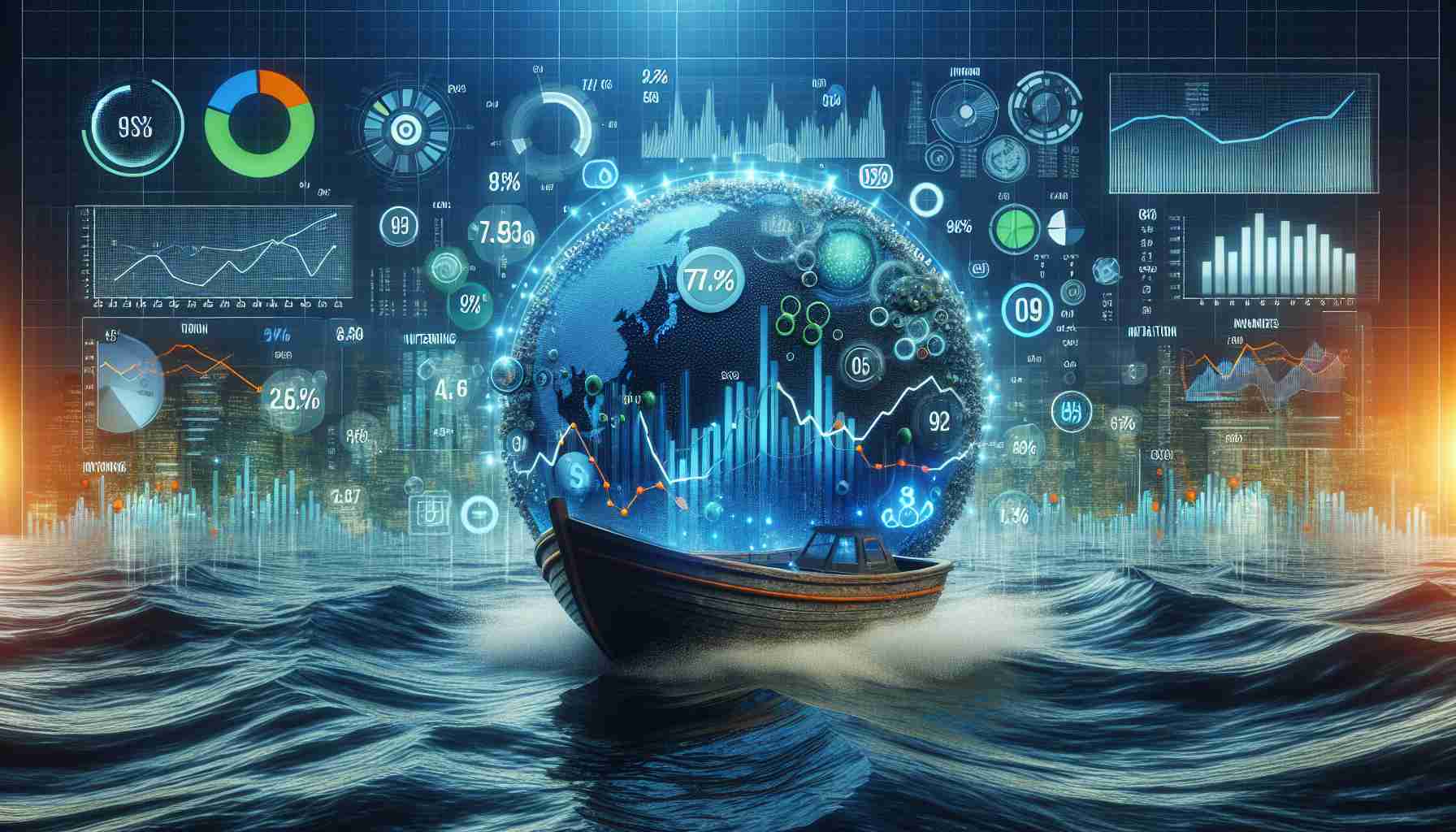 High-definition realistic image of a symbolic representation of financial markets reacting patiently to the concept of maintaining current interest rates amidst changes in inflation. Possibly, a calm sea with a buoyant boat signifying the steady financial market, overlaid with visuals denoting interest rates and inflation changes such as various graphs and figures.