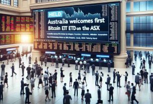 Create a realistic HD image featuring a large, modern stock exchange electronic board showcasing the news headline: 'Australia Welcomes First Bitcoin ETF on the ASX'. Include bustling traders of various genders and descents such as Caucasian, Hispanic, Middle-Eastern, Black, East Asian, and South Asian conducting their activities in the foreground with a busy trading-floor atmosphere.