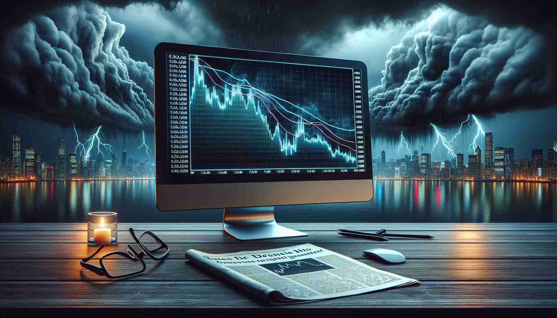 A high-definition, realistic image depicting a scenario symbolizing the cryptocurrency market. The scene is steeped in uncertainty and shifting sentiments. Display a stock market chart on a computer screen, with the line graph illustrating a steep downward trend, signifying a slide in the market. Incorporating dark clouds and stormy seas in the background, symbolising an uncertain and turbulent atmosphere. On a table near the computer, lay a newspaper with headlines about the volatility in the cryptocurrency market. But make sure no real-life persons or identifiable companies are depicted.