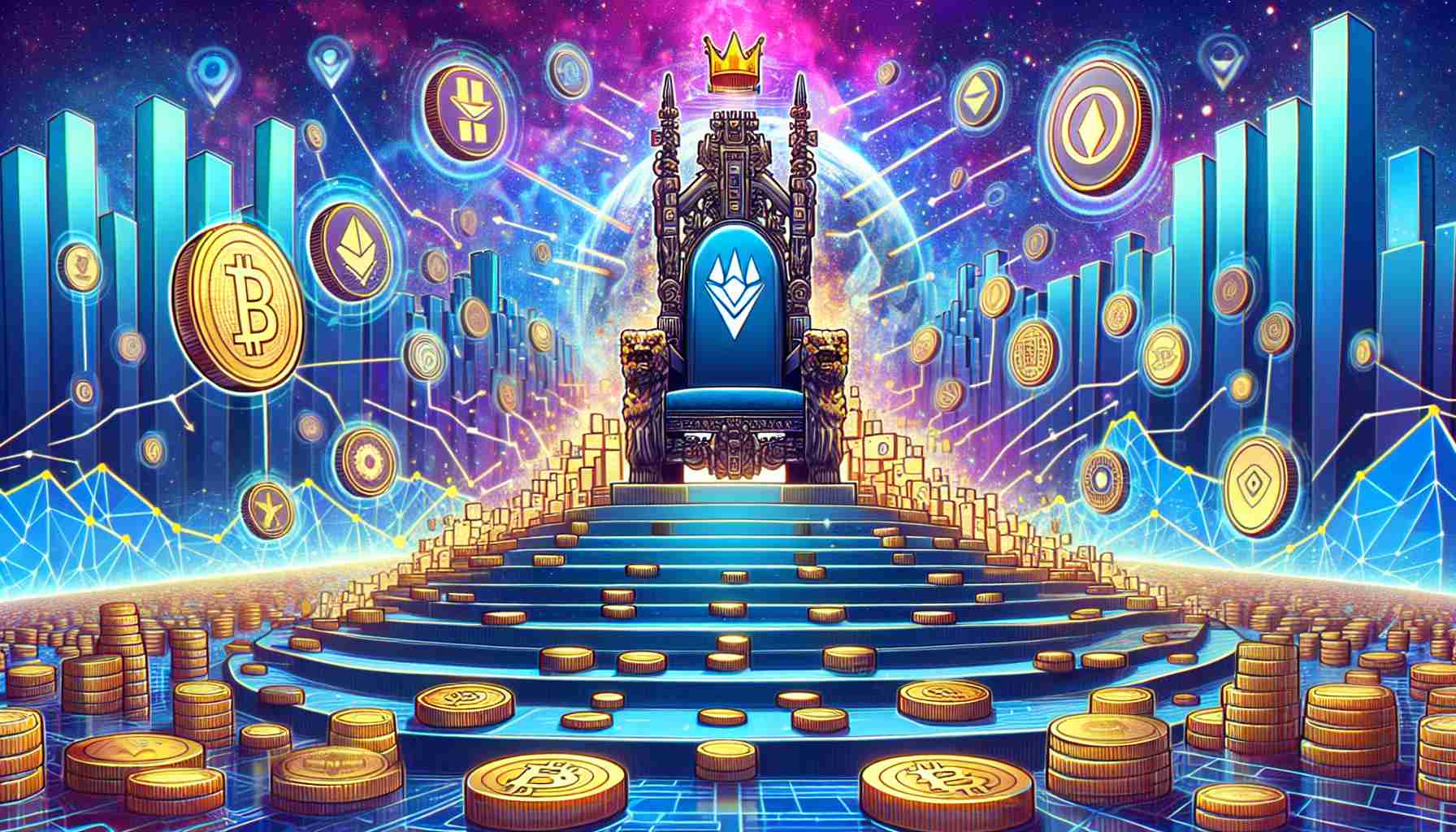 Generate a detailed, high-definition image representing the concept of emerging challenges towards Solana’s dominance in the realm of blockchain technology. The image could metaphorically depict a throne signifying the position of Solana, with various representations of different blockchain technologies steadily ascending towards the throne.