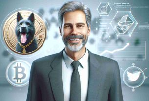 Realistic HD photo of a professionally dressed businessman in middle-age, with a positive expression. The background includes elements signifying prosperous predictions for a popular canine-themed cryptocurrency. Please ensure no identifying features of real people are included.