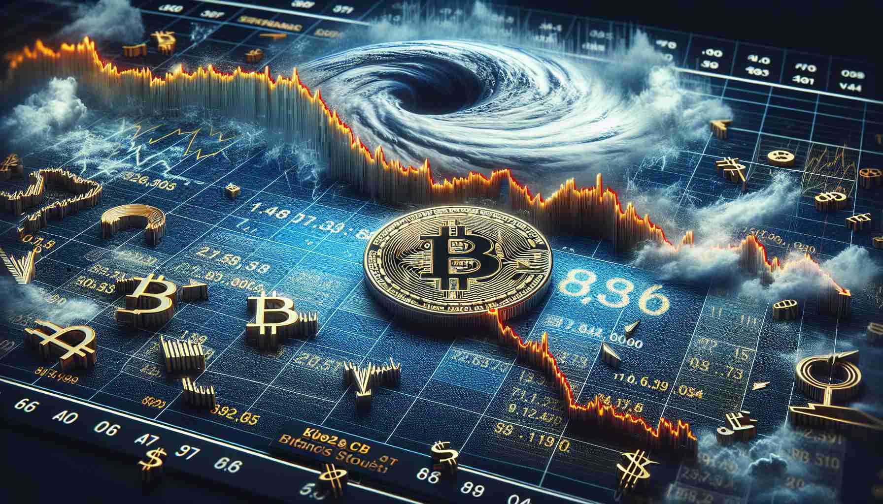 A high-definition, realistic photo showcasing the symbolic representation of the fall of Bitcoin in unstable cryptocurrency market. The image should depict a Bitcoin symbol on a downward trend chart or graph, surrounded by various other fluctuating cryptocurrency symbols hinting at market turbulence. The chart should be intricately detailed with numbers and variables to represent a financial study. Please include visual elements of turmoil like stormy weather or turbulent sea to artistically represent the chaos and uncertainty in crypto financial markets.