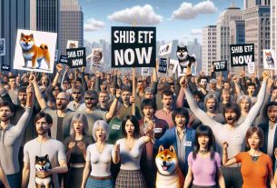 High definition realistic image of a gathering of Shiba Inu enthusiasts advocating for the introduction of a SHIB Exchange Traded Fund (ETF). The participants are varied in gender and descent, including individuals of Caucasian, Hispanic, Black, Middle-Eastern, and South Asian descents. Each person is passionately holding up signs and banners that read 'SHIB ETF NOW'. The background reveals a cityscape, emphasizing the urban setting of this rally. A few Shiba Inu dogs can be seen on leashes, mingling within the crowd, highlighting the enthusiasm of the advocates.