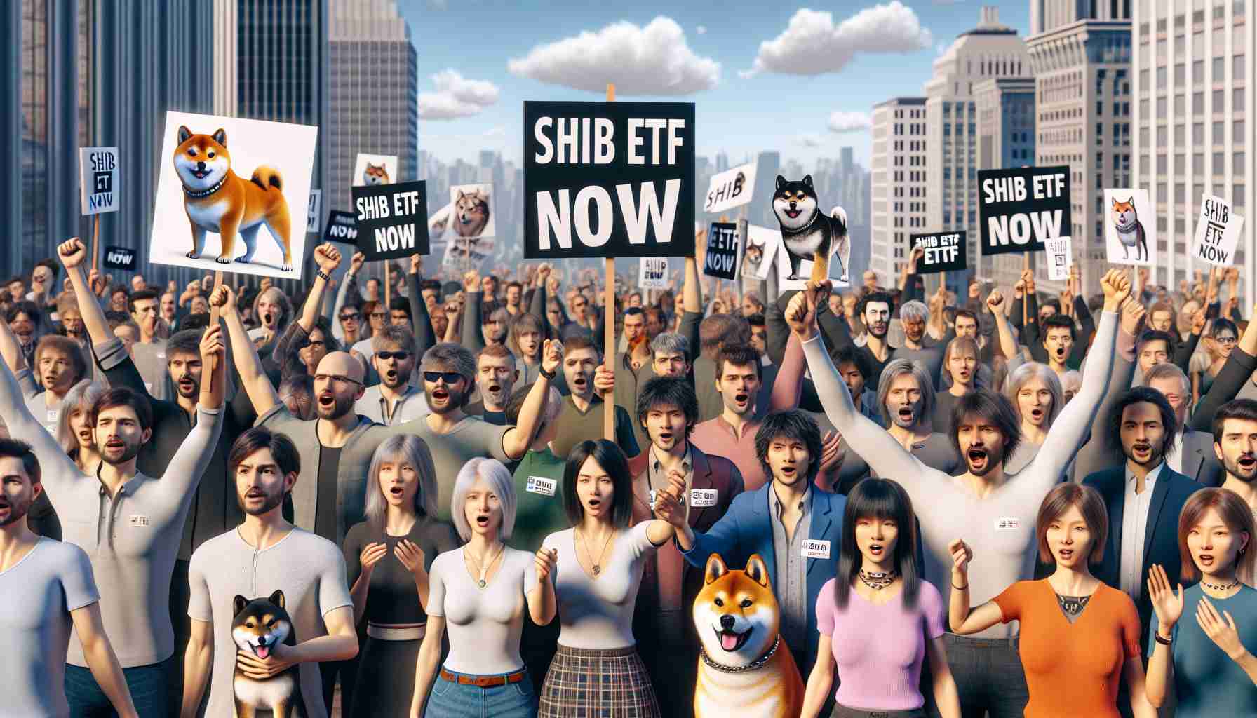 High definition realistic image of a gathering of Shiba Inu enthusiasts advocating for the introduction of a SHIB Exchange Traded Fund (ETF). The participants are varied in gender and descent, including individuals of Caucasian, Hispanic, Black, Middle-Eastern, and South Asian descents. Each person is passionately holding up signs and banners that read 'SHIB ETF NOW'. The background reveals a cityscape, emphasizing the urban setting of this rally. A few Shiba Inu dogs can be seen on leashes, mingling within the crowd, highlighting the enthusiasm of the advocates.