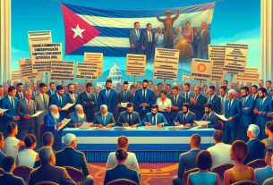 A highly realistic and vibrant photograph showcasing a diverse group of advocates from Cuba, who are leading positive change and advocating for reform in cryptocurrency regulations. Observe as they unveil a comprehensive set of proposals for a regulatory bill while around a table filled with documents. It is a pivotal moment, indicative of an important time in financial history. A banner is hung behind them, subtly hinting at support for the re-election chances of an unnamed politician.