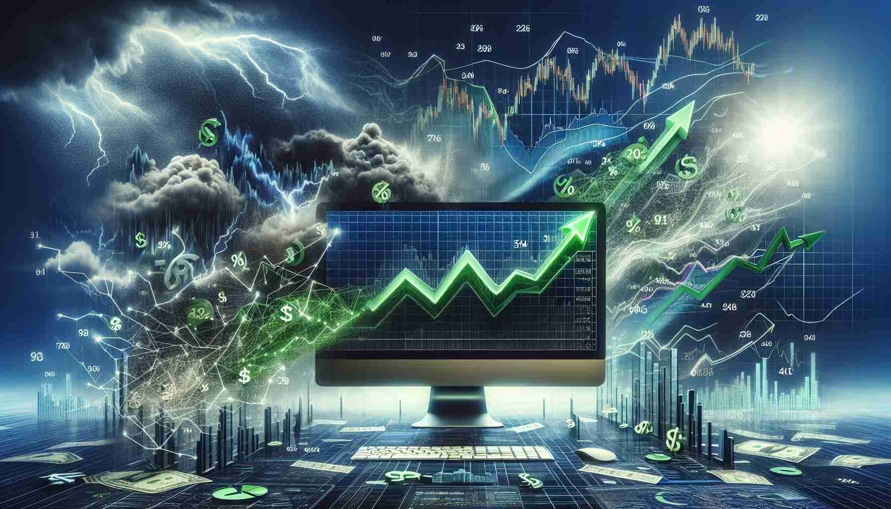 A high-definition, realistic image illustrating a surge in stock markets despite various political and technological challenges. The image showcases a computer screen flooded with green percentages indicating growth, subtle backdrop of complex graphs demonstrating rising trends. Additionally, it includes abstract symbolization of political hurdles, perhaps in the form of storm clouds or entangled arrows, and technological challenges as tangled wires or error message pop-ups.