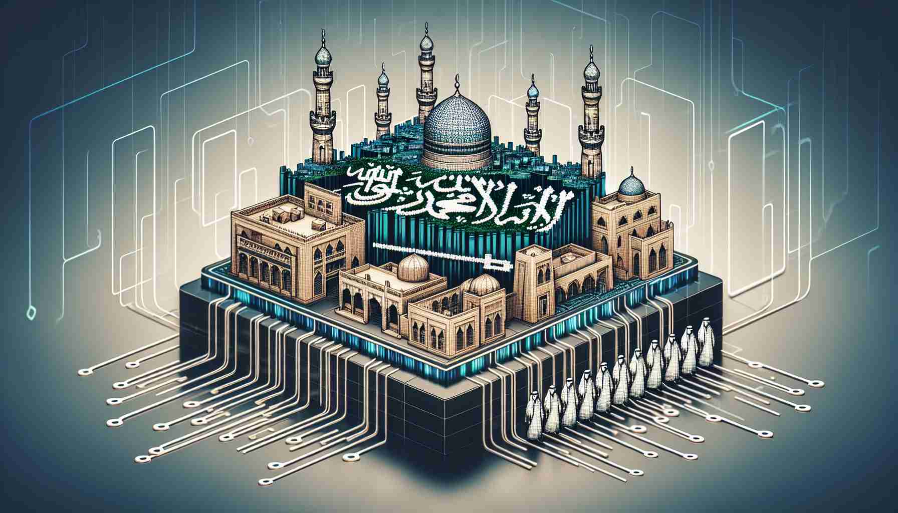 Generate a realistic, high-definition image of a symbolic representation of Saudi Arabia celebrating the adoption of a futuristic, groundbreaking mBridge payment network. The picture could depict elements such as traditional Arabian architecture juxtaposed with modern, digital themes, and a network grid visualizing the ground-breaking payment system.