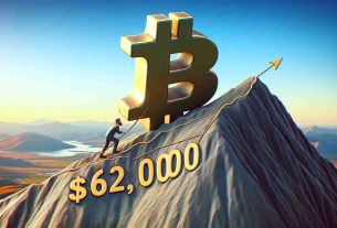 A high-definition, realistic image representing the metaphorical struggle of Bitcoin to surpass the $62,000 benchmark. This could be depicted through a mountain labeled 'Bitcoin' that is trying to scale the steep slope that is marked as the '$62,000'. Note, however, that this is a symbolic representation, and any specific coin (such as Bitcoin) should not be represented as a physical entity.