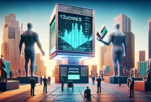 Create a realistic high definition visualization featuring two abstract entities named '21Shares' and 'VanEck' competing for approval to launch a 'Solana ETF' in the United States. Have the entities portrayed as structures, '21Shares' as a robust skyscraper and 'VanEck' as a futuristic complex. Depict the 'US' as a symbolic entity like a statue, holding an object symbolizing the 'Solana ETF'. The setting should be like a marketplace with an approval board in the distance, indicating a competition for approval. No humanoid figures are needed.