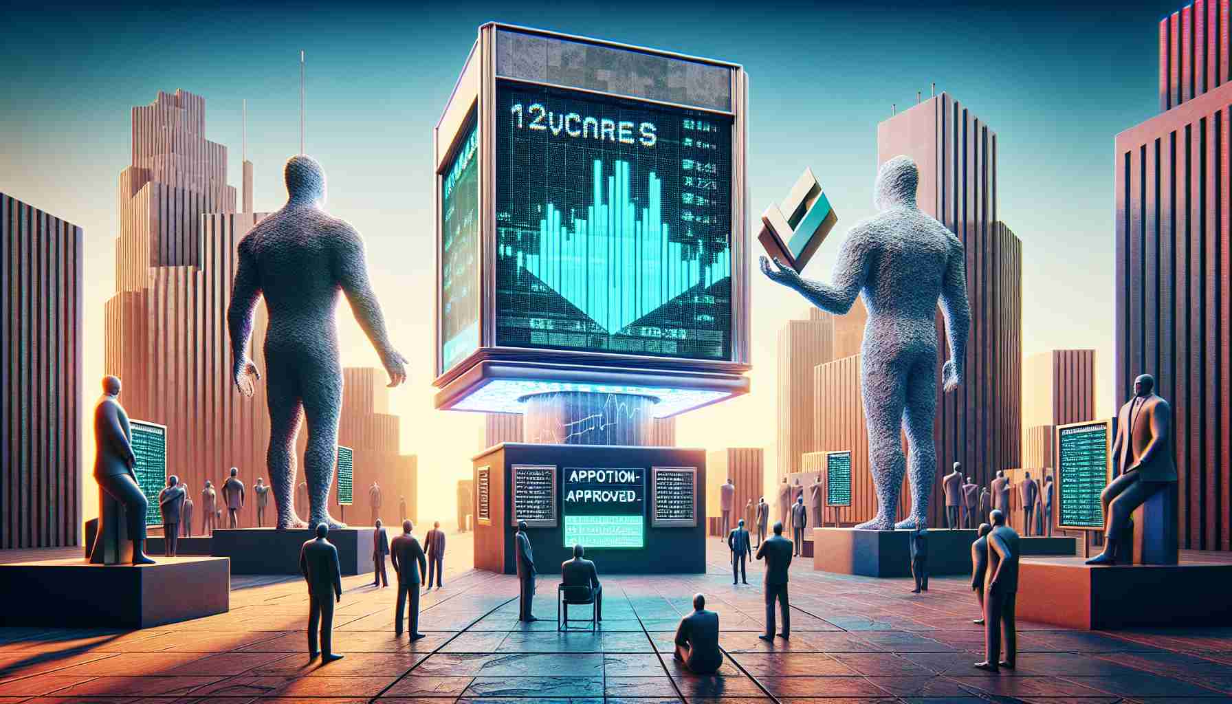 Create a realistic high definition visualization featuring two abstract entities named '21Shares' and 'VanEck' competing for approval to launch a 'Solana ETF' in the United States. Have the entities portrayed as structures, '21Shares' as a robust skyscraper and 'VanEck' as a futuristic complex. Depict the 'US' as a symbolic entity like a statue, holding an object symbolizing the 'Solana ETF'. The setting should be like a marketplace with an approval board in the distance, indicating a competition for approval. No humanoid figures are needed.