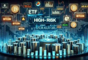 Generate a realistic high-definition image showing ETF symbols fluctuating on a digital stock market board. The board prominently features high-risk ETFs linked to bitcoin. The scene should also contain thematic hints such as cryptocurrency logos, bar graphs and pie charts showing volatility, and a digital facial expression meter displaying 'high-risk'. The overall atmosphere should evoke the sense of a risky investment environment.