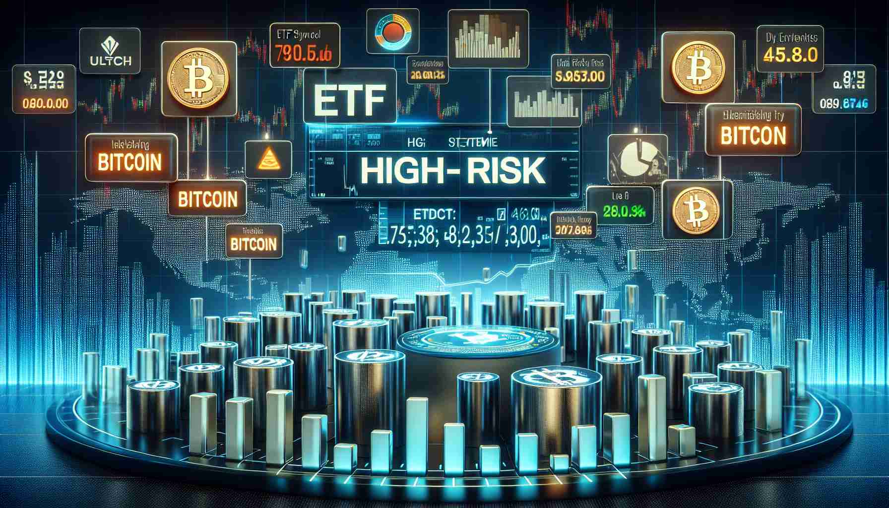 Generate a realistic high-definition image showing ETF symbols fluctuating on a digital stock market board. The board prominently features high-risk ETFs linked to bitcoin. The scene should also contain thematic hints such as cryptocurrency logos, bar graphs and pie charts showing volatility, and a digital facial expression meter displaying 'high-risk'. The overall atmosphere should evoke the sense of a risky investment environment.