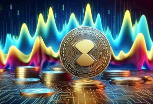 Realistic, high-definition illustration representing XRP cryptocurrency maintaining stability amidst a volatile background suggesting fluctuations in the cryptocurrency market. The image includes a 3D rendered coin with the XRP logo in the foreground standing stable on a level surface, while in the background, abstract waves of bright colors signify the dynamic crypto market trends.