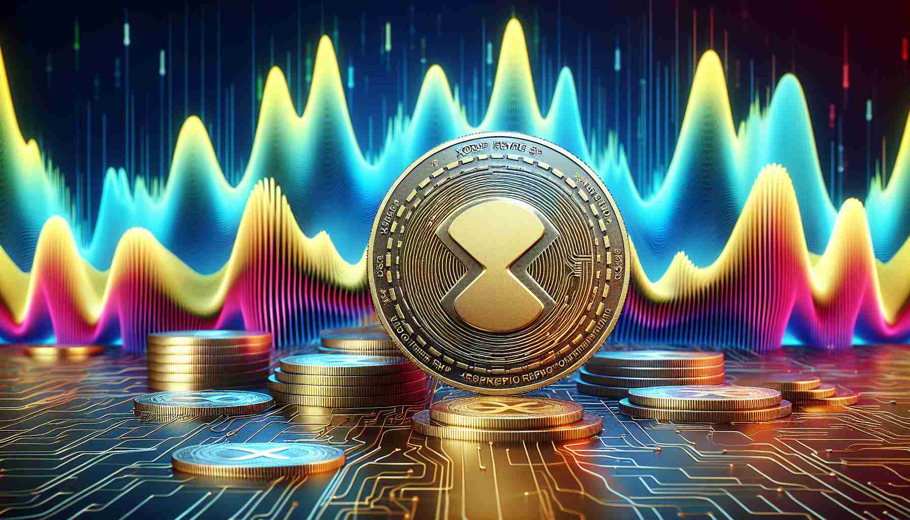 Realistic, high-definition illustration representing XRP cryptocurrency maintaining stability amidst a volatile background suggesting fluctuations in the cryptocurrency market. The image includes a 3D rendered coin with the XRP logo in the foreground standing stable on a level surface, while in the background, abstract waves of bright colors signify the dynamic crypto market trends.