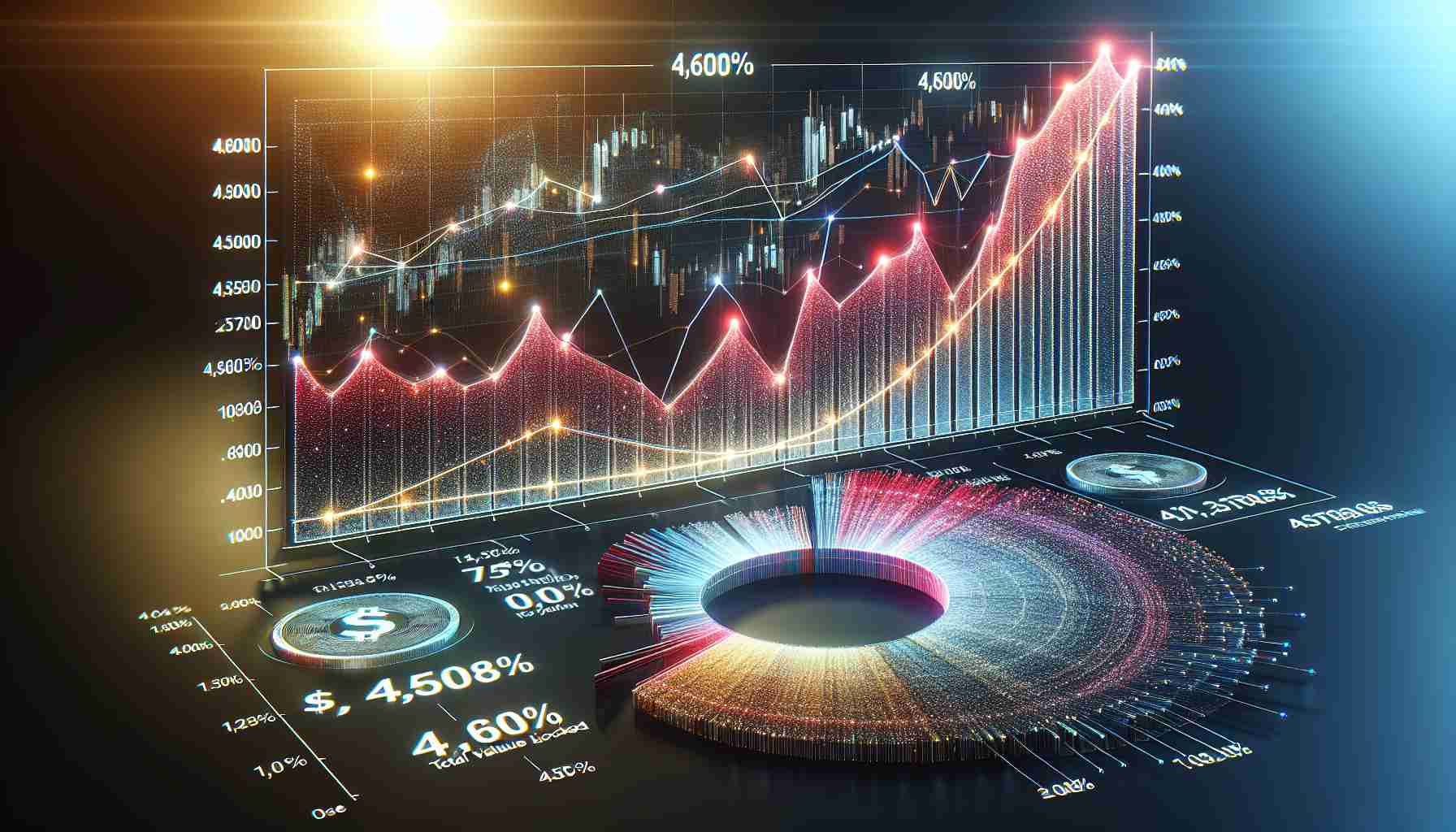 A high-definition, realistic digital representation showing the significant growth of The Open Network (TON). Feature a prominent chart with an impressive curve, signifying a 4,600% increase in Total Value Locked (TVL). Ensure the details on the chart are readable and the impact of the data is represented visually.