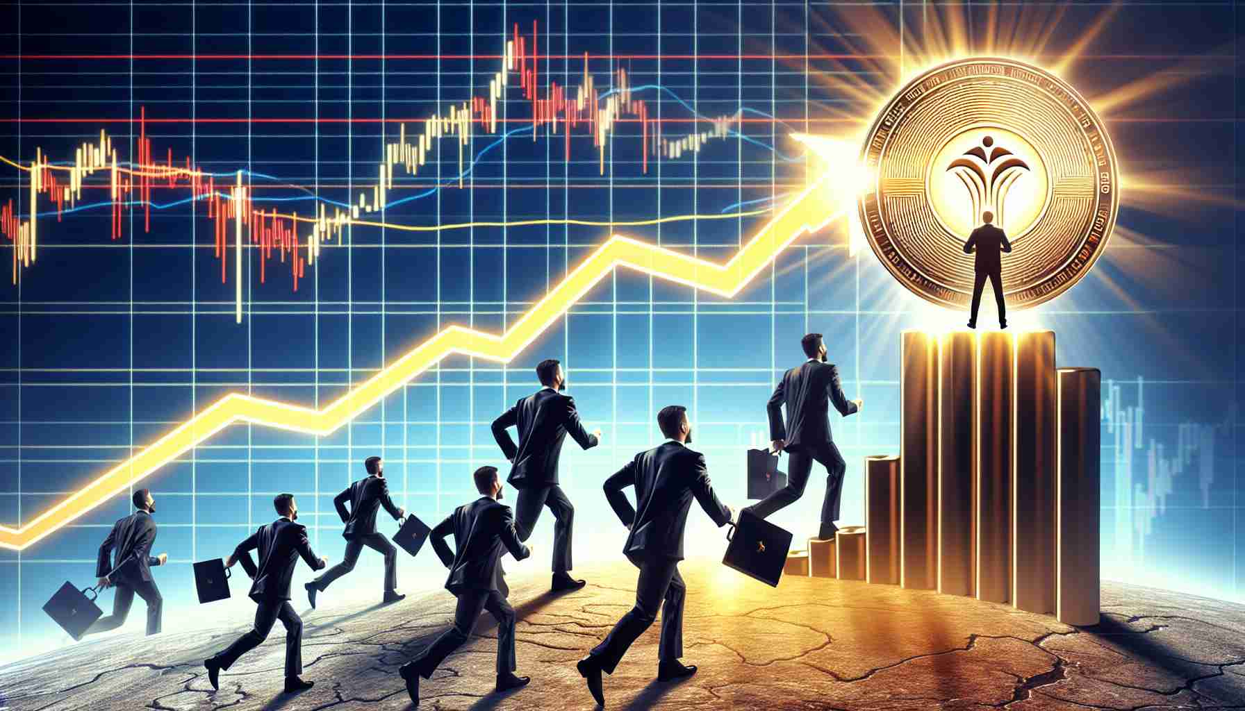 Detailed high-definition image of a conceptual representation where a rising 'Toncoin' is attracting investors depicted as bullish figures. The scene is set against a backdrop of a stock market graph showing an upward trend. The 'Toncoin' is portrayed rising from the graph like a sun, and the bullish figures are moving towards it, signifying their interest in investing. The bullish figures can be wearing classic investor attire such as suits and ties. The overall feel of the image should be energetic and optimistic, implying a positive investment environment.