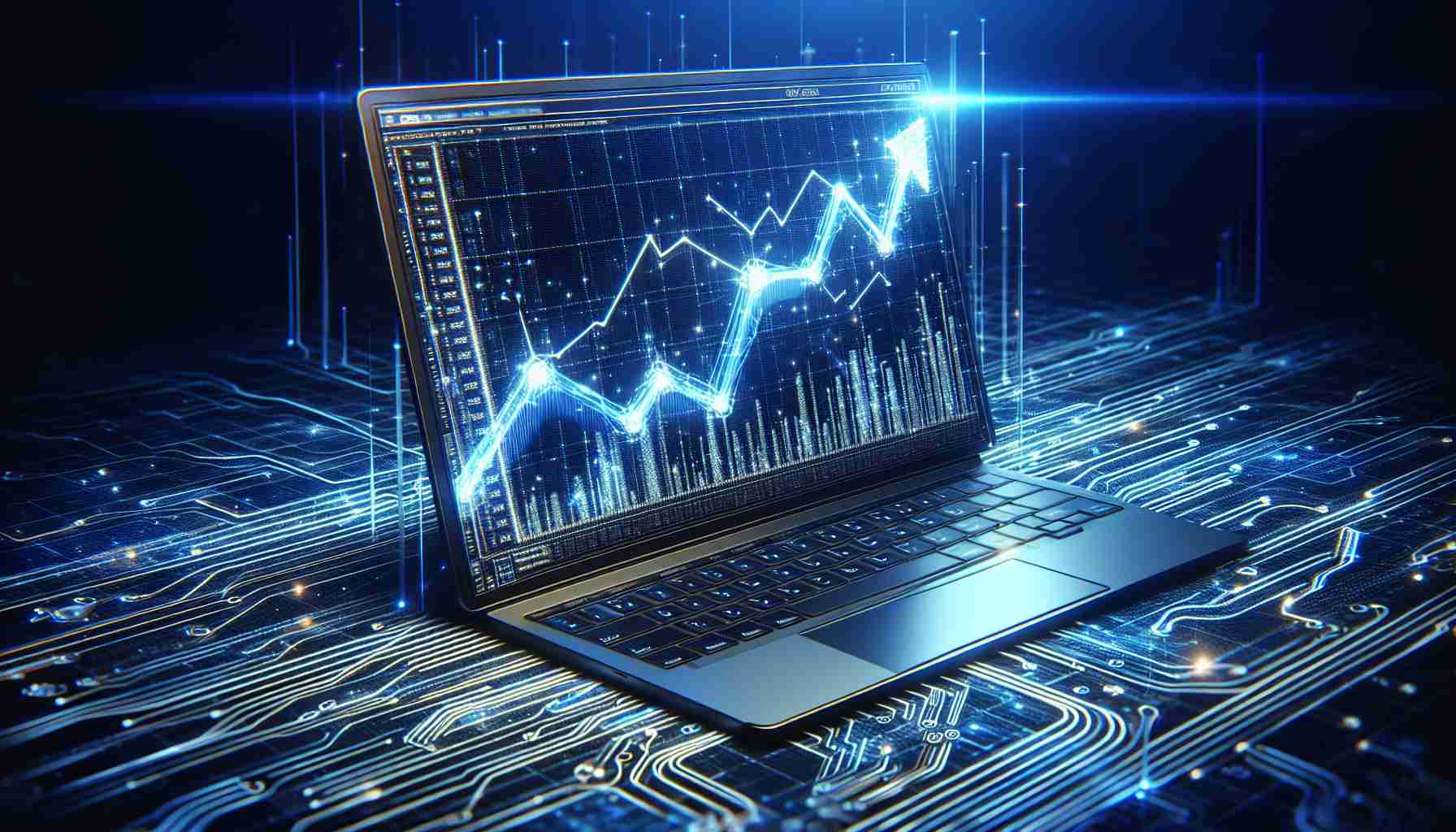 Create a realistic high-definition image that symbolizes the surge in new account sign-ups on a hypothetical network called 'Shibarium'. Visualize this with the metaphor of a graph with a rising line to represent the increase in users. The graph should be depicted on a digital screen, possibly part of a computer monitor or a mobile device. Please also incorporate some design elements that suggest it's a technology or blockchain network, such as circuit patterns, abstract digital effects or curves to highlight its cyber nature.