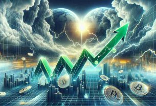 An illustrative image showcasing positivity and growth amidst uncertainty. This could be depicted as a graph with green rising lines, symbolizing Worldcoin cryptocurrency, in the foreground against a backdrop of a turbulent market storm, all rendered in photorealistic detail and High Definition quality.